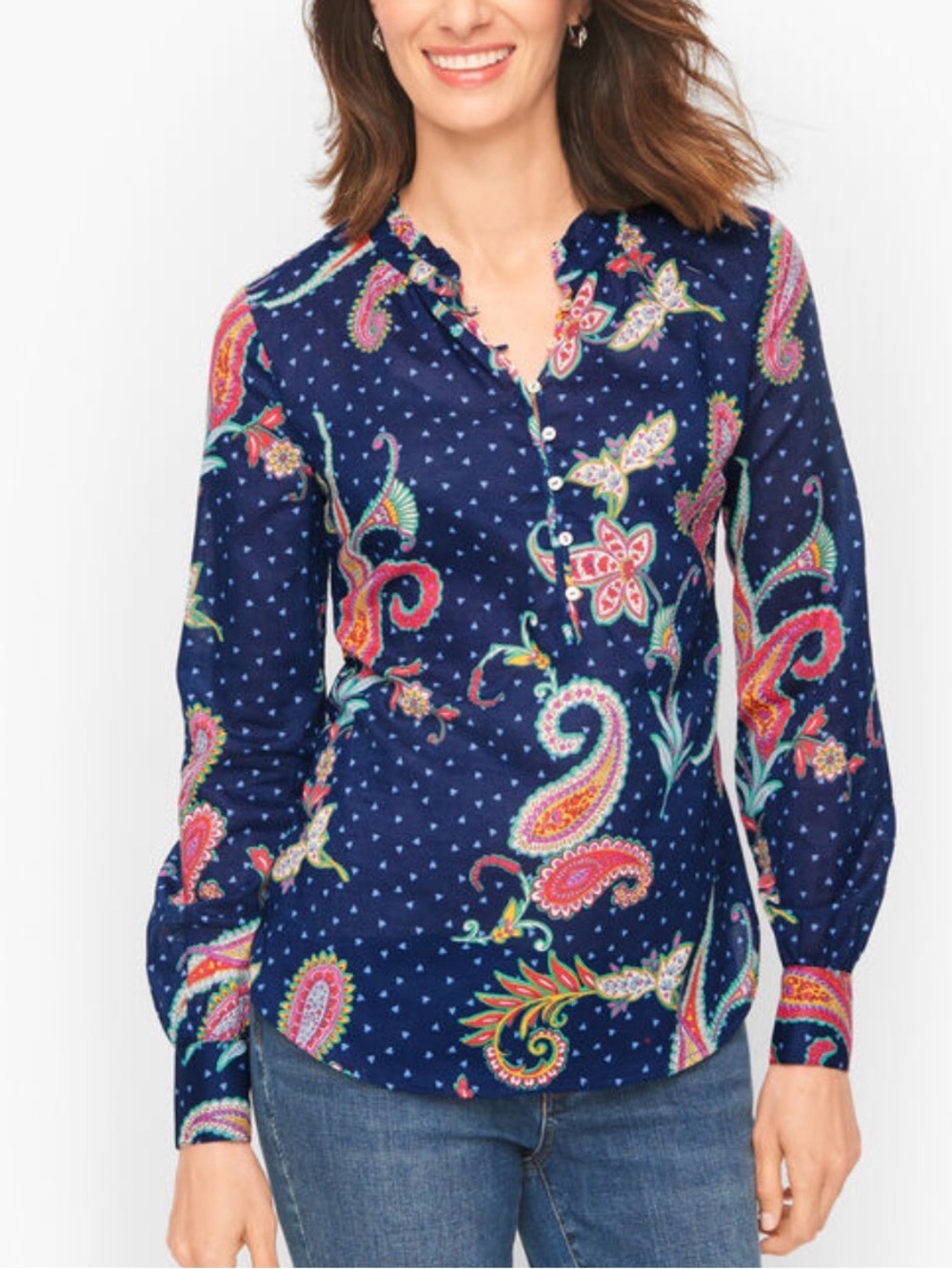 Talbots Womens 2X Blouse Navy Blue Paisley Ruffle Band Collar Cotton Shirt Plus